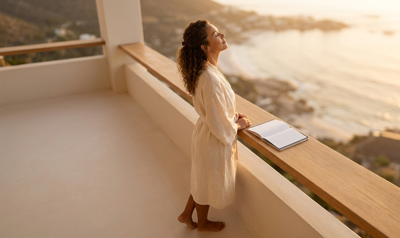 A woman standing barefoot on a sunlit balcony at dawn, eyes softly closed and face tilted upward toward the first golden light of morning — her hair loose, an open digital wellness journal resting on the railing beside her, the whole scene radiating that sacred, unhurried stillness of someone who has just remembered that the sun is the most powerful reset button she will ever find