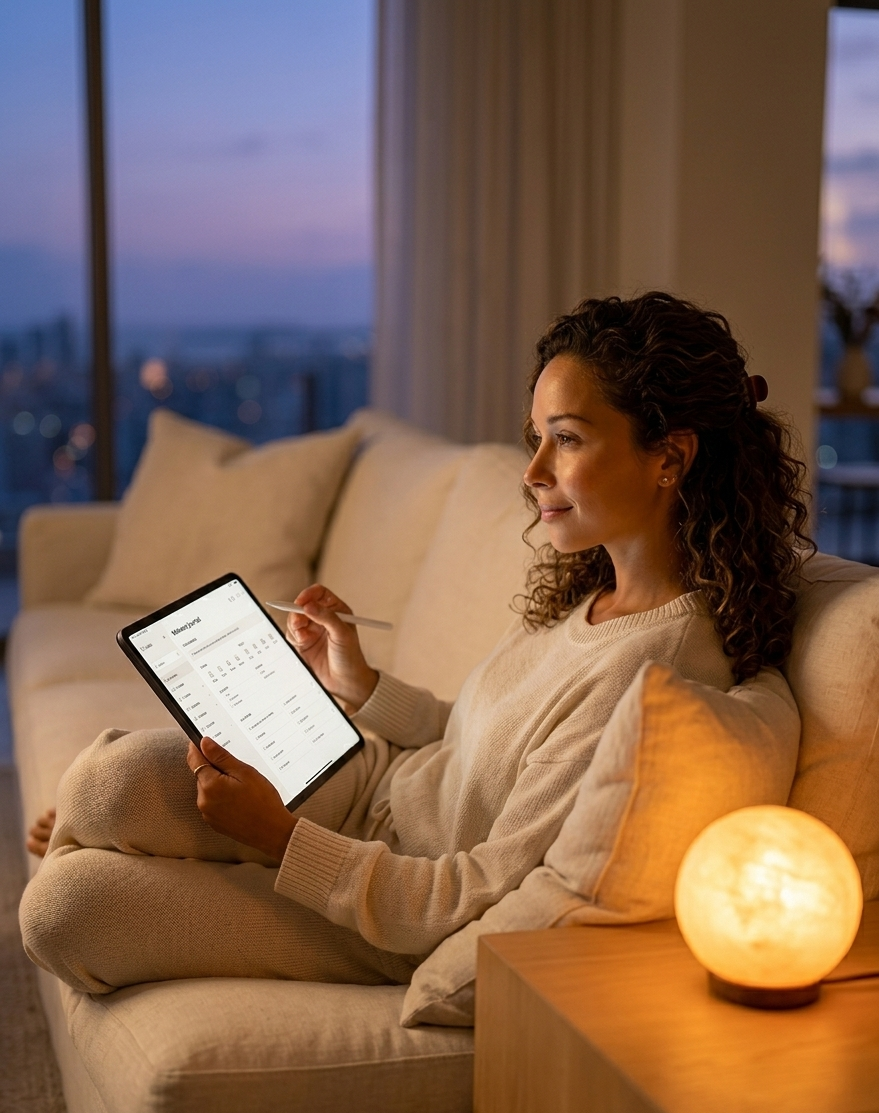 A woman lying on a cream linen sofa in a warmly lit room at dusk, her iPad open to a softly designed sleep and wellness journal, a single amber lamp casting gentle light — the whole scene radiating a deep, intentional slowness, the feeling of a body that is finally, beautifully ready to rest