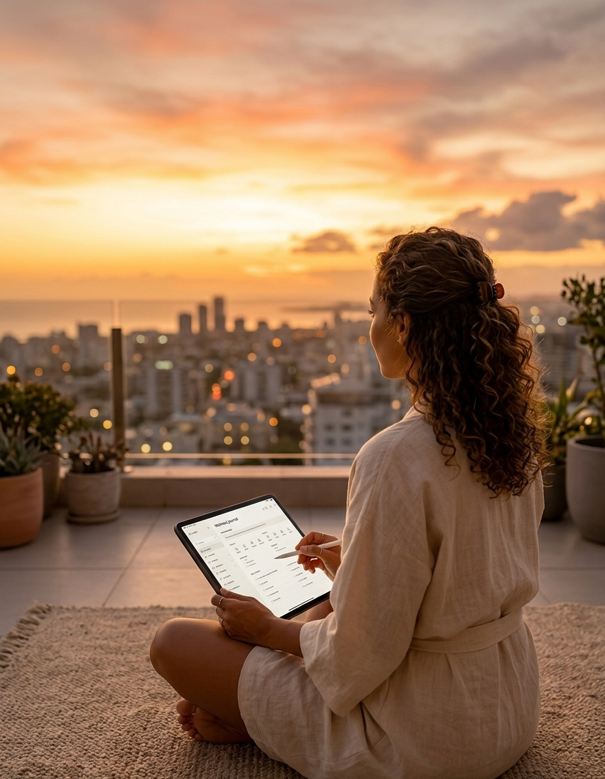 A woman sitting cross-legged on a rooftop terrace at golden hour, an open digital planner glowing softly on her iPad in her lap, the sunset painting the sky in amber and rose behind her — her expression one of complete, unhurried ease, as if she is exactly where she is supposed to be