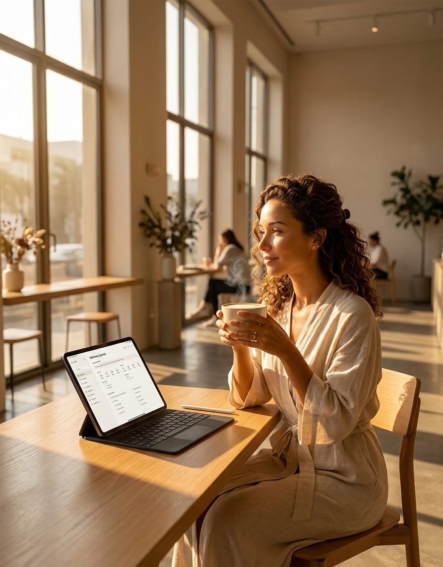 A woman seated at a minimalist café table in the early morning, both hands wrapped around a warm ceramic cup, a softly glowing wellness journal open on her iPad beside her — sunlight pouring through tall windows and washing the whole scene in amber warmth, her expression one of quiet, unhurried presence