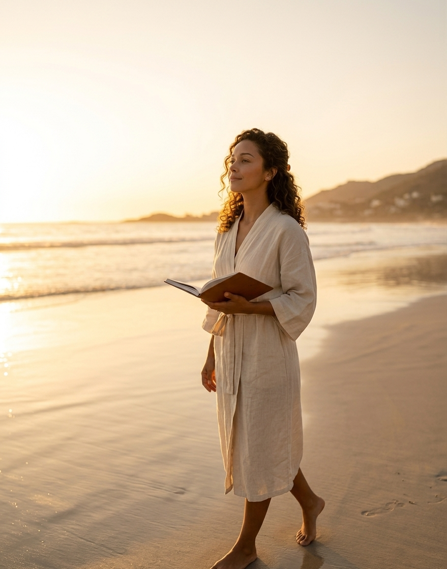 A woman walking barefoot along a quiet coastal path at sunrise, her face tilted slightly upward, a small leather notebook tucked under one arm — the golden hour light wrapping around her silhouette, the sea glittering softly in the background, the whole image radiating the quiet power of a woman who has claimed her mornings
