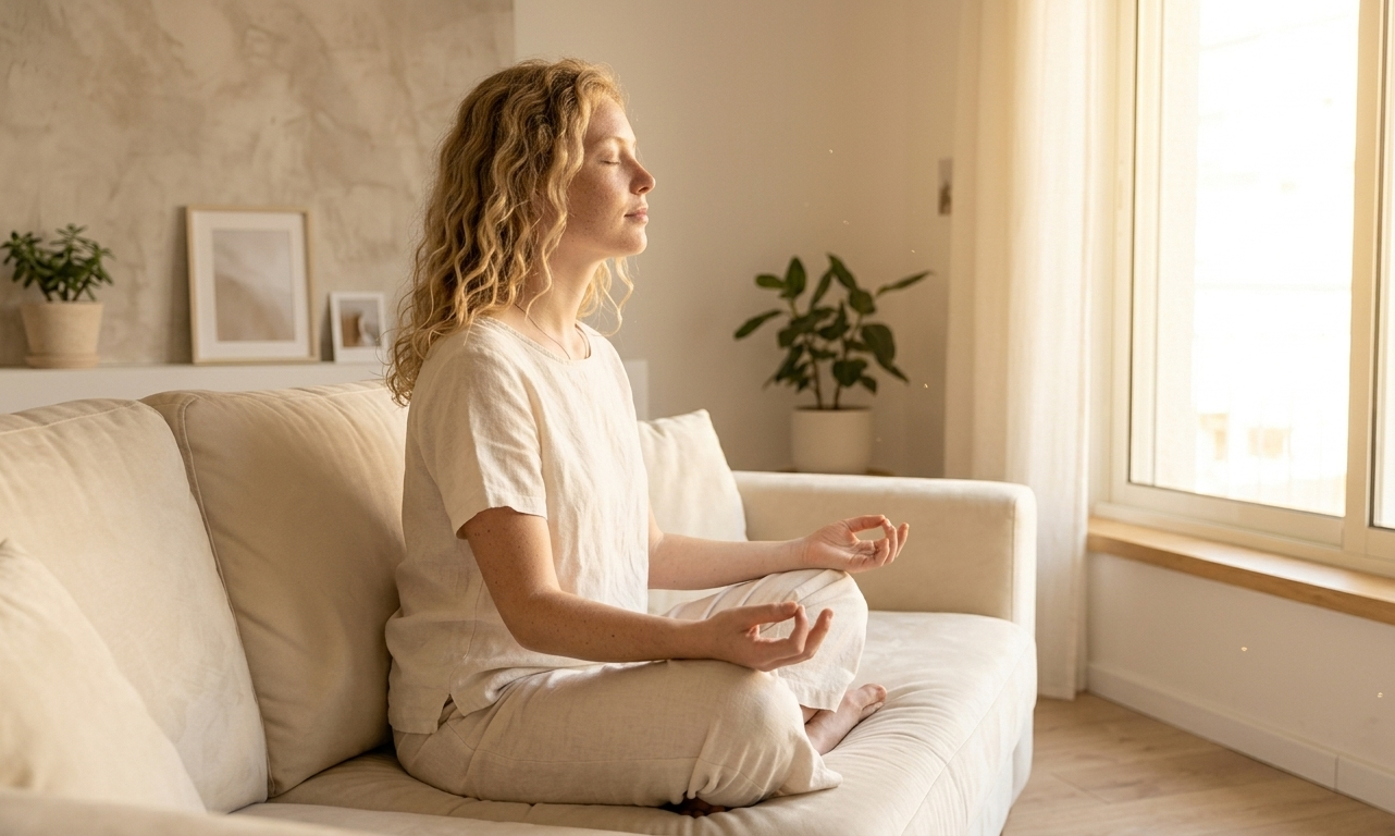 A peaceful morning scene: a woman sitting cross-legged on a cream linen sofa, eyes closed, hands resting open on her knees — the light is golden, the room is still, and her presence radiates complete internal ease before the day begins.