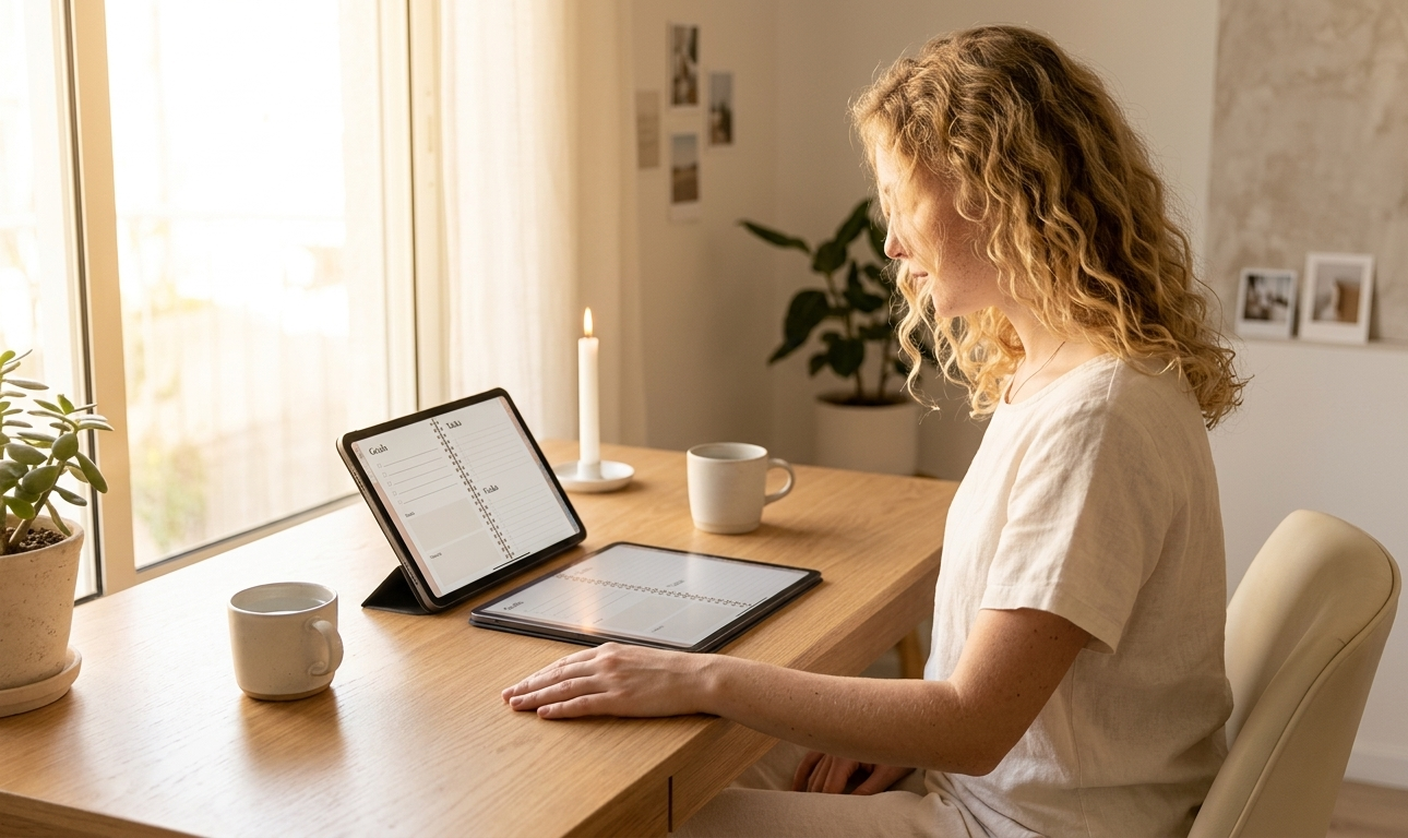 A woman sitting serenely at a sun-filled minimal desk, her digital planner open on her iPad, one hand resting gently on the table — still, unhurried, radiating quiet power.