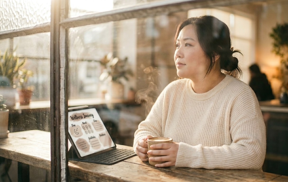 A woman sitting in a sun-drenched café window, an open digital wellness journal resting on her iPad on the table — she gazes softly outward, unhurried, embodying the quiet magnetism of someone fully present in her own life