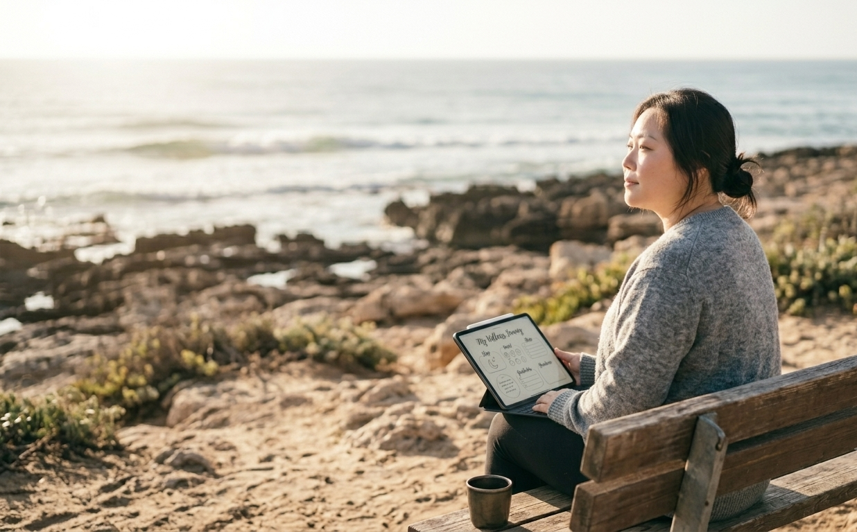 A woman sitting on a rocky coastline, a digital wellness journal open on her iPad resting on her knees — she looks out at the horizon with quiet clarity, the sea stretching wide before her