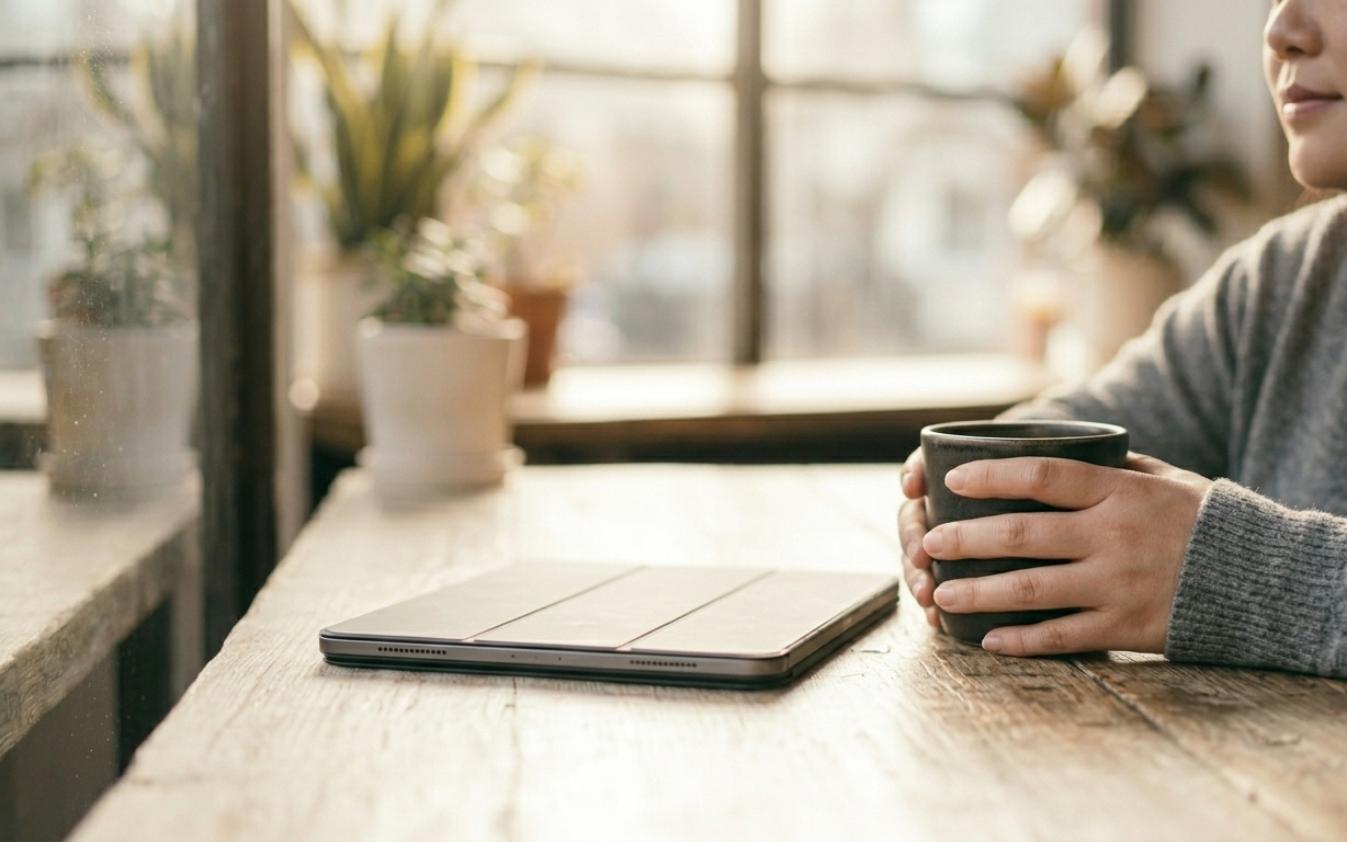 A woman at a sunlit café table, hands wrapped around a warm cup, her phone resting face-down beside a closed digital planner — she is fully present, eyes soft and unhurried