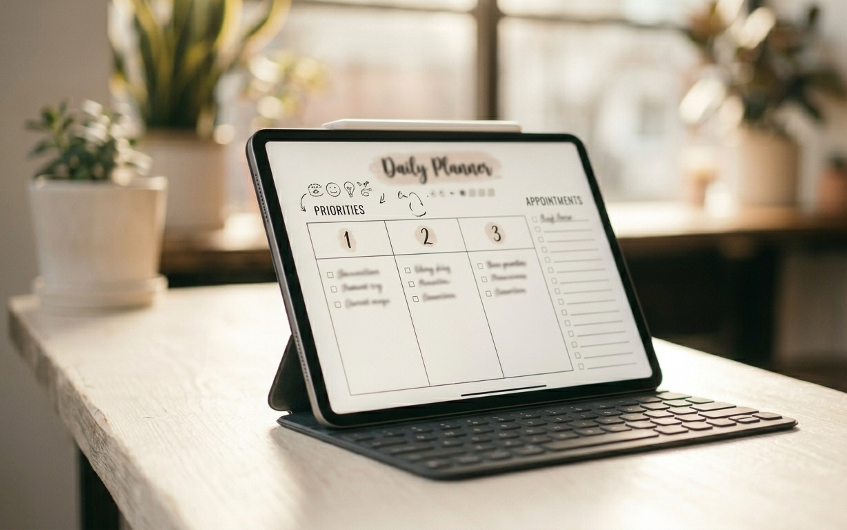 A minimal cream desk with an iPad open to an elegant digital daily planner — a single column of three handwritten-style priorities visible, soft morning light casting long shadows