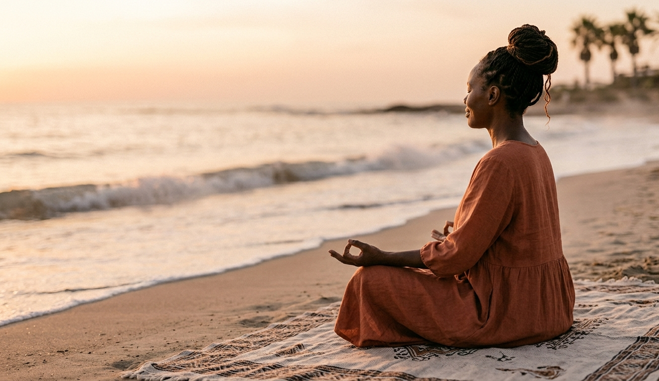 A woman walking barefoot along a quiet shoreline at golden hour, a soft smile on her face, her posture open and unhurried — the image of someone fully present and radiating quiet abundance