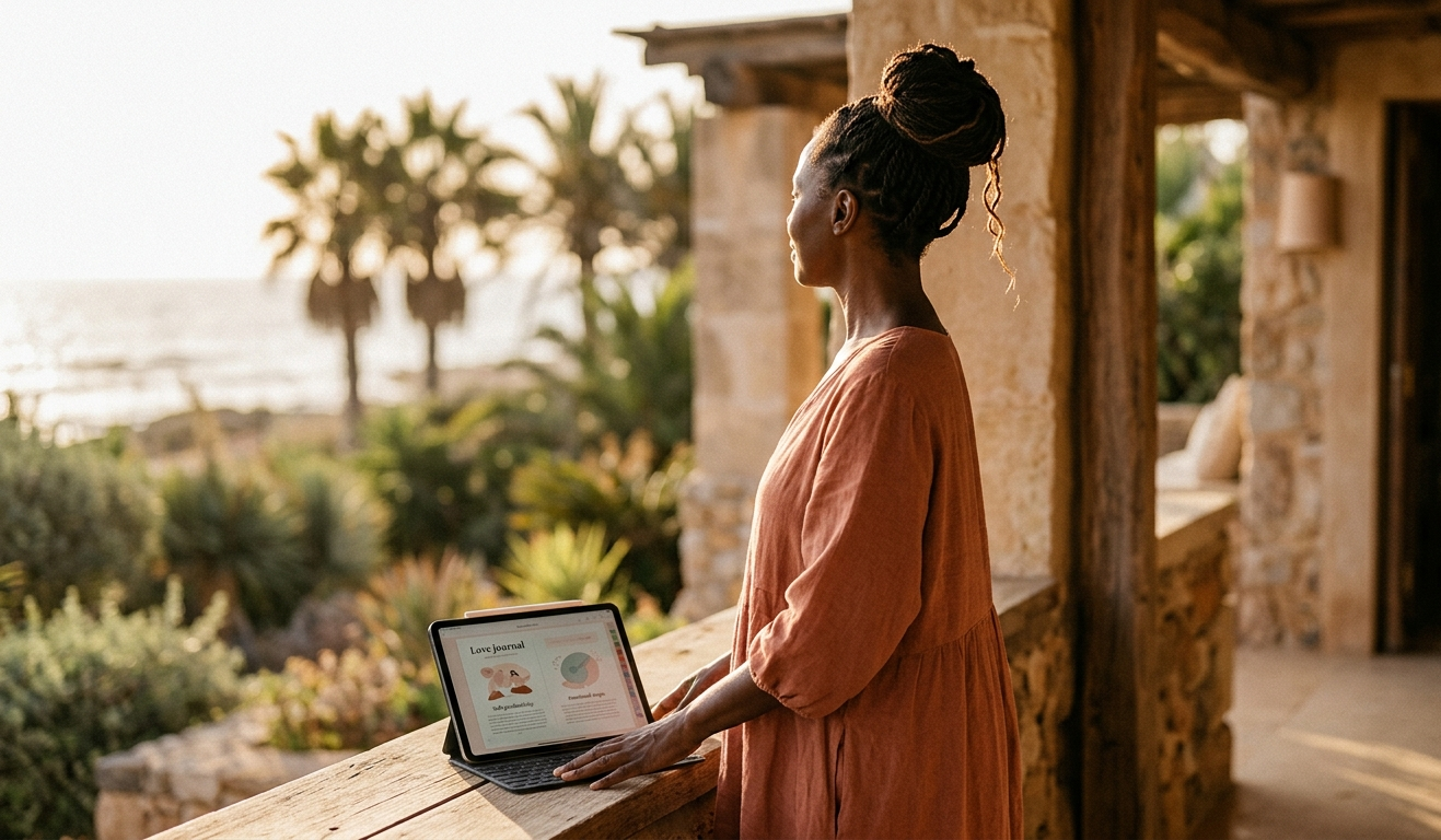 A woman standing at golden hour on a sun-drenched terrace, one hand resting gently on an open digital love journal on her iPad, her gaze soft and inward — radiating quiet magnetic warmth and the ease of someone fully at home in herself