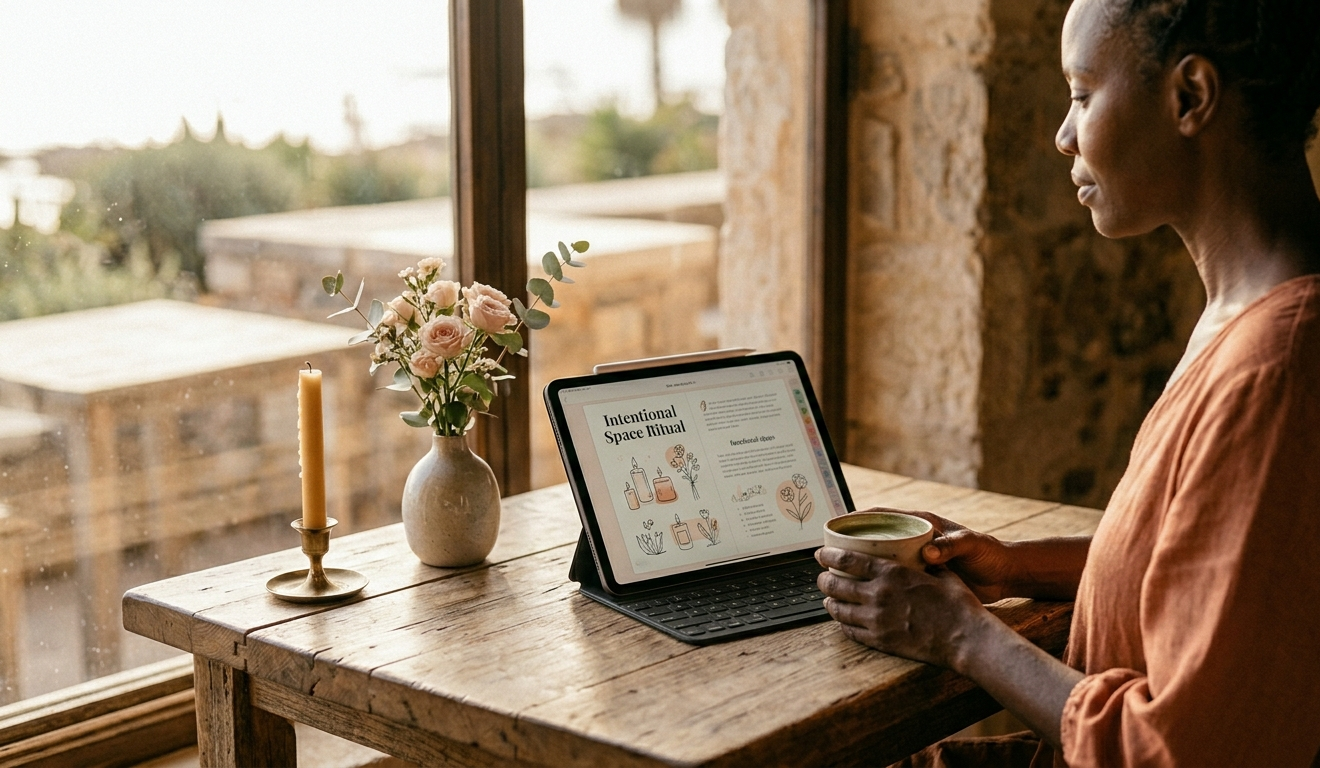 A soft, beautifully styled desk corner — a small vase of blush flowers, a lit candle, and an open digital love journal on an iPad — morning light filling the scene with warmth, radiating the quiet luxury of a life lived with intention