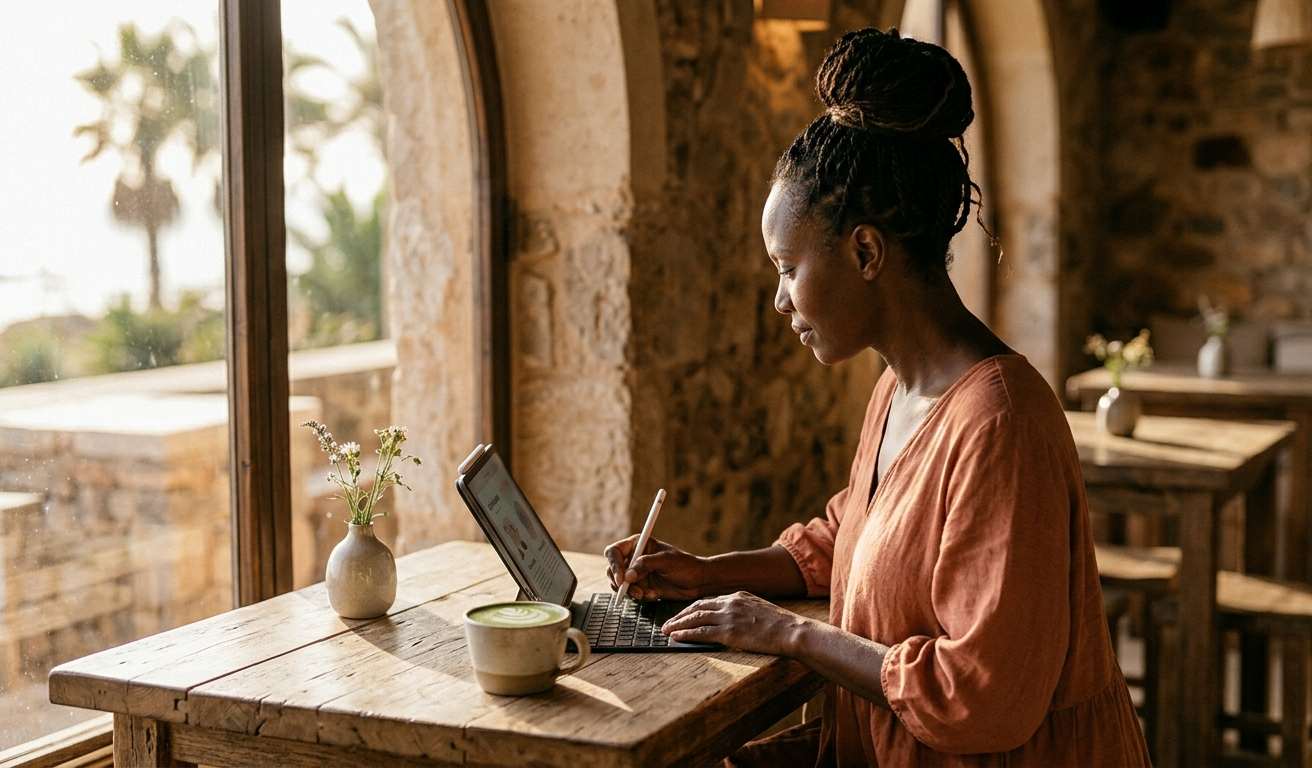 A woman sitting at a sunlit café corner, Apple Pencil in hand, writing in a beautifully designed digital love journal on her iPad — a warm matcha beside her, the scene radiating intentional self-reflection and quiet joy