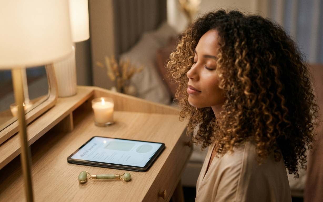 A woman sitting at a softly lit vanity in the early evening, the warm glow of a candle and a small jade roller resting beside her iPad — her skin luminous and calm, radiating the quiet intention of someone who chooses to protect her glow in a digital world