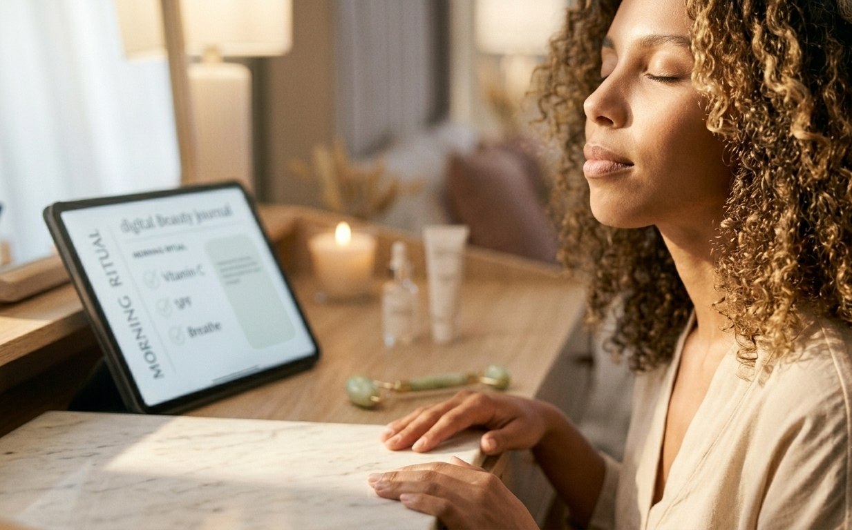 A woman with closed eyes and a serene expression, soft afternoon light falling across her face — the image of a quiet pause taken intentionally in the middle of a digital workday, radiating stillness and inner care