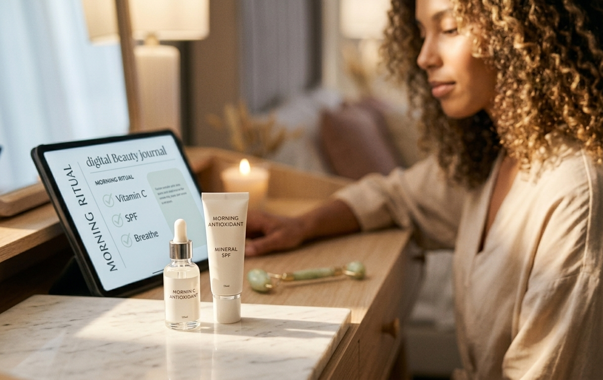 A minimal, sunlit vanity surface with a Vitamin C serum and a mineral sunscreen in elegant white packaging — an open digital beauty journal visible on an iPad in the background, radiating intentional morning skincare ritual