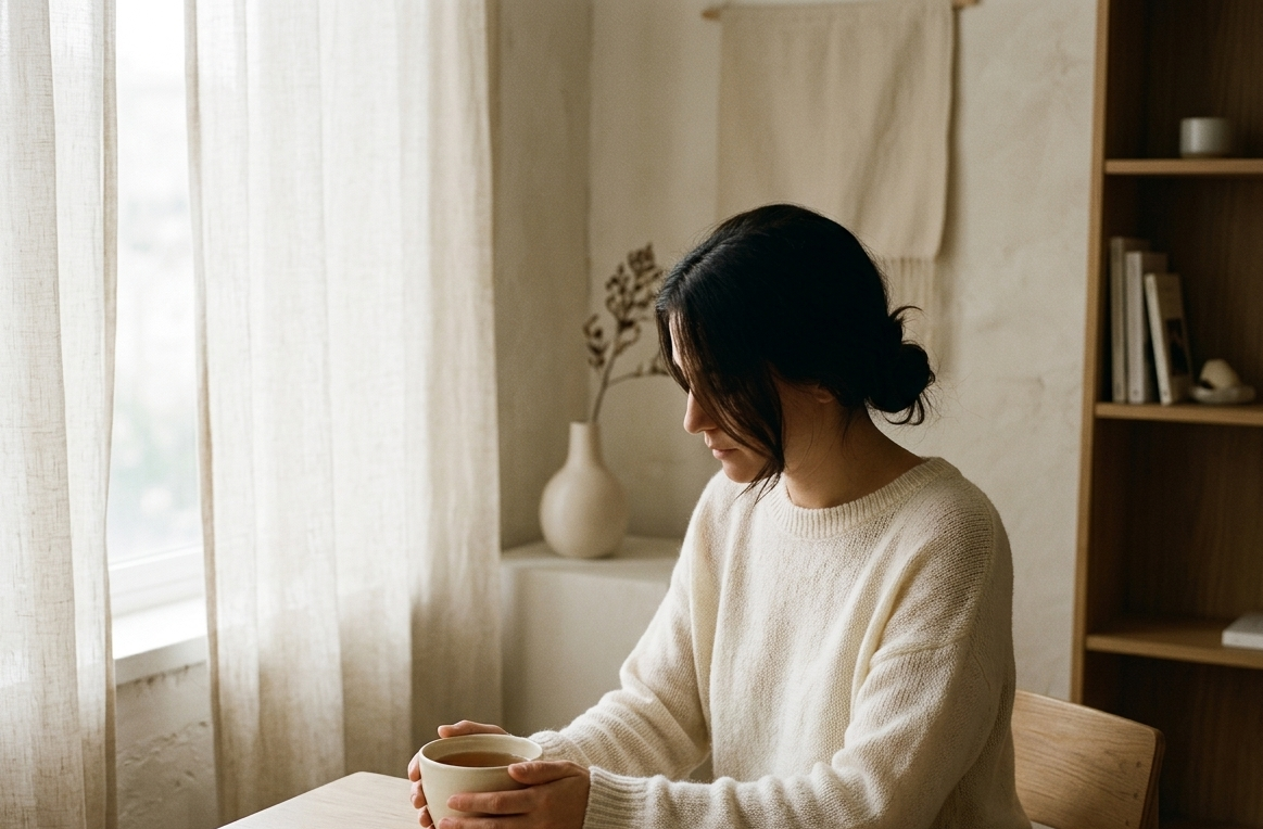 A woman sitting alone in a softly lit room, hands wrapped around a warm cup of tea, looking peaceful and grounded