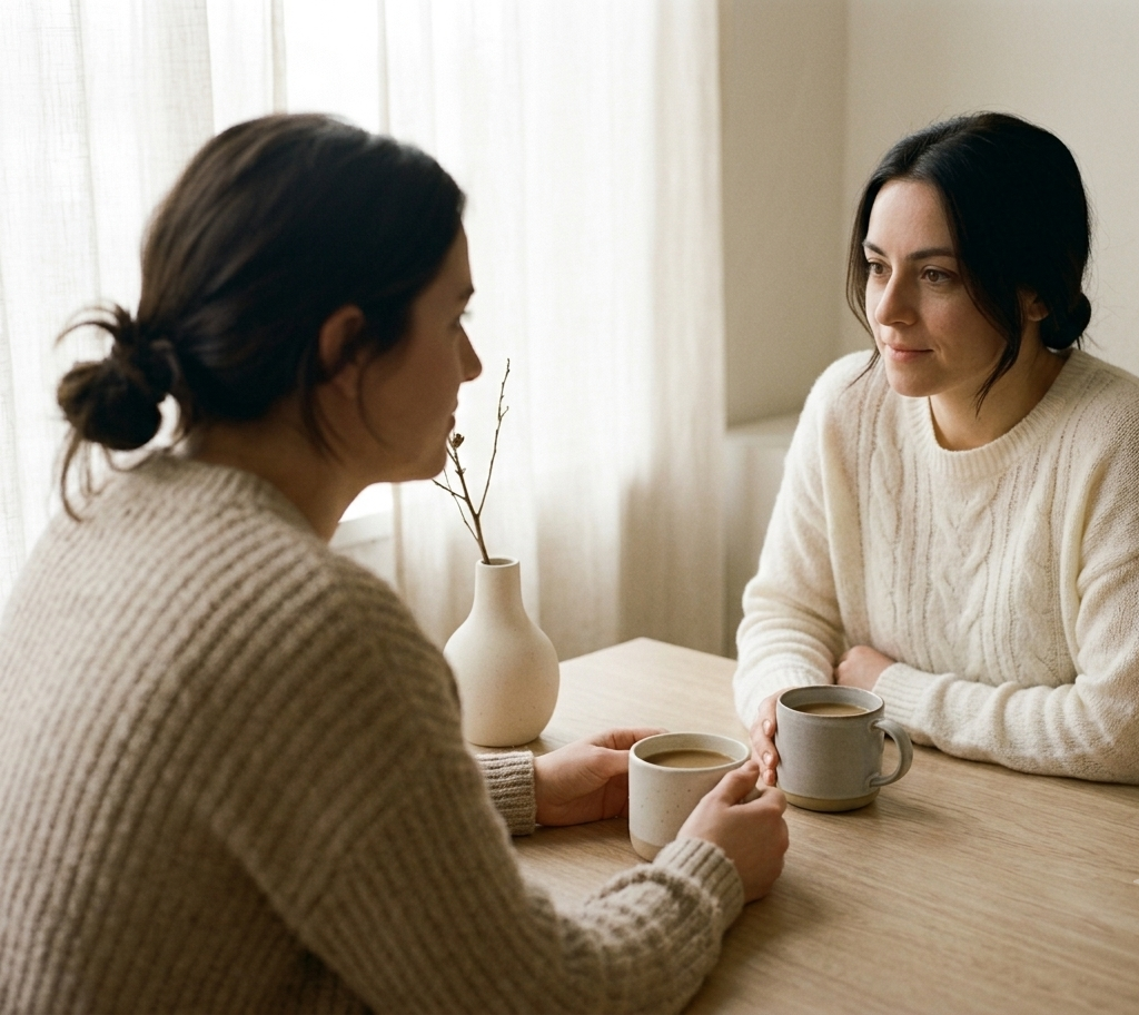 Two women having a calm, warm conversation over coffee — an image of honest, connected communication