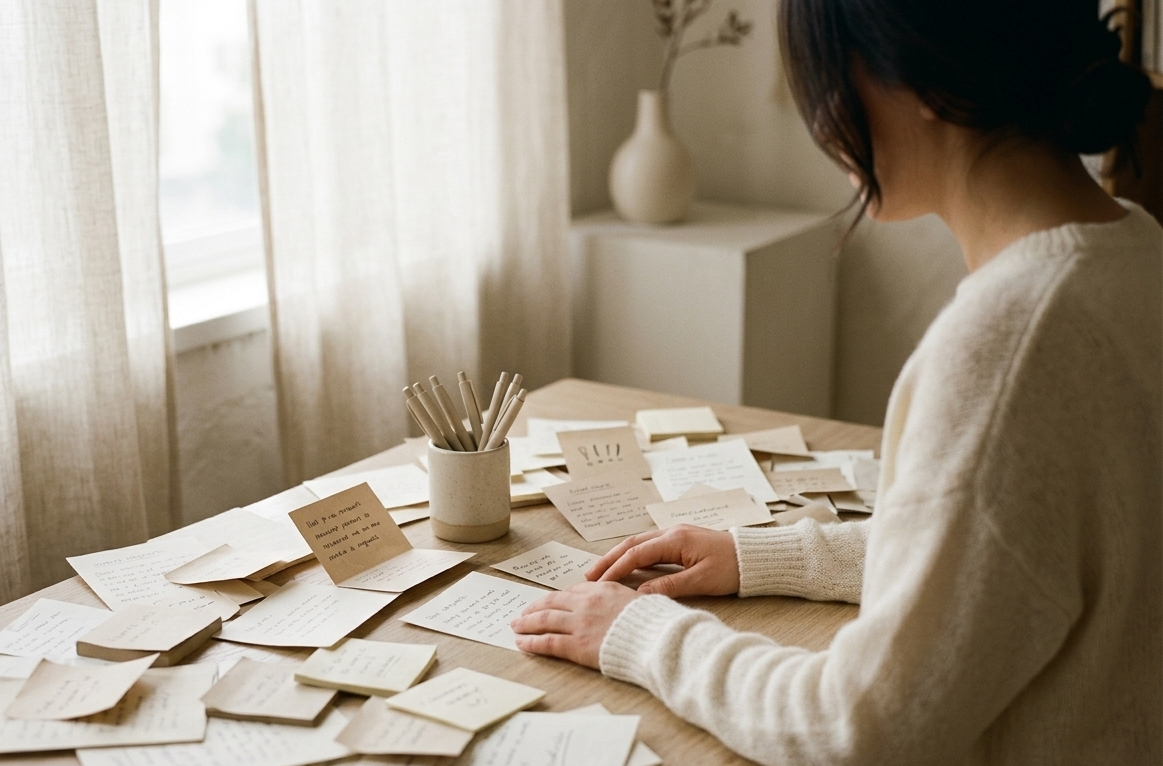 An overwhelmed woman surrounded by sticky notes and requests, looking drained — a visual of the people-pleasing cycle