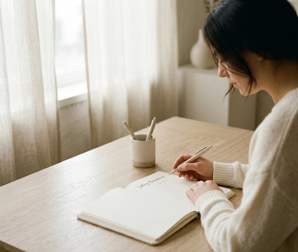 A woman journaling quietly in soft morning light, looking reflective and at peace — an image of reconnecting with your own needs