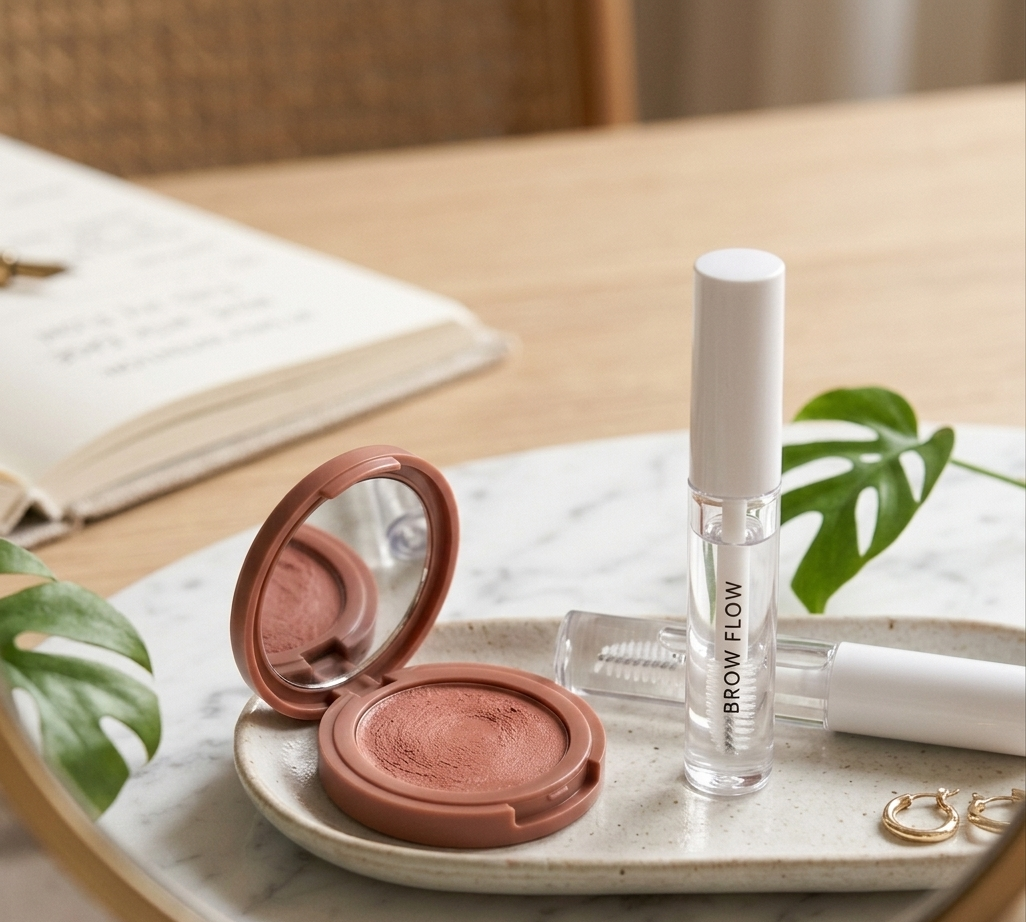 A close-up of a cream blush compact and a clear brow gel on a clean vanity surface, with a softly open weekly planner in the background