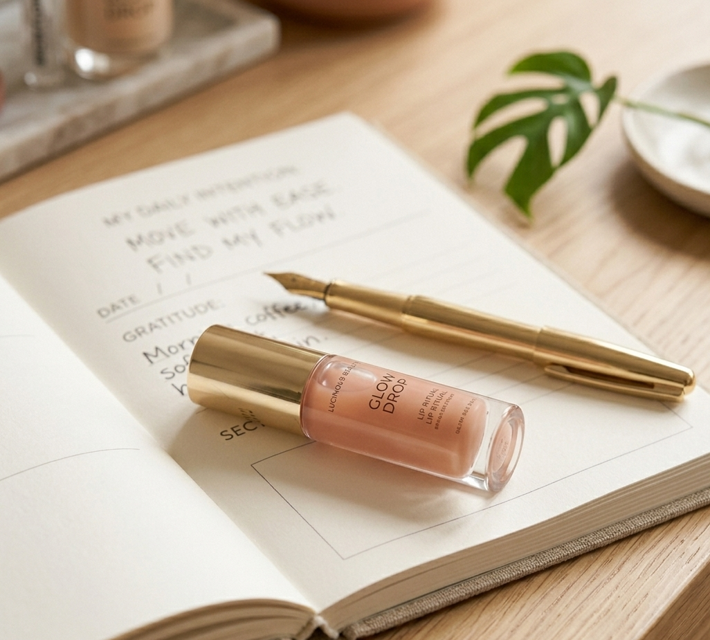 A single soft-tinted lip oil resting on a cream-colored notebook page, beside a gold pen — elegant and minimal morning beauty ritual