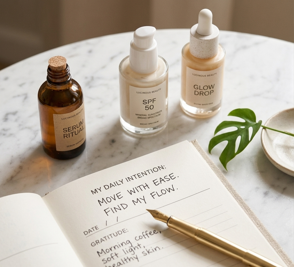 Minimal glass bottles of SPF and serum on a marble surface beside an open daily planner with a handwritten morning intention