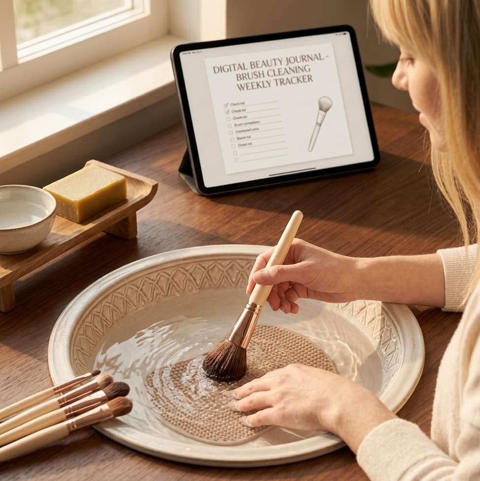 A woman's hands gently swirling a makeup brush on a silicone mat under soft running water from a faucet, a bar of olive oil soap and a small arrangement of brushes beside her on a clean white surface, a digital beauty journal resting open on a nearby shelf — the scene is serene, unhurried, and beautifully domestic