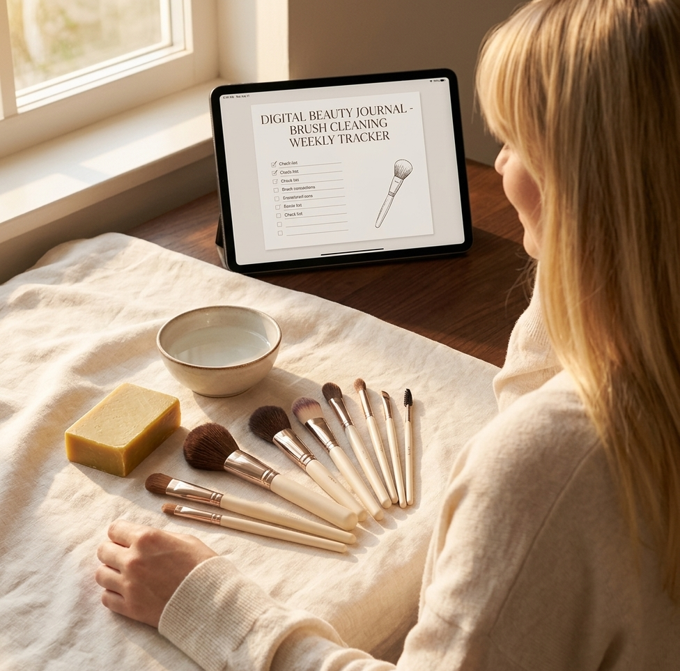 A flat lay of elegant makeup brushes fanned out on a soft cream linen surface, a bar of olive oil soap and a small bowl of water beside them, morning light casting gentle gold shadows — an open digital beauty journal glowing softly on an iPad in the background, evoking a mindful, intentional beauty ritual