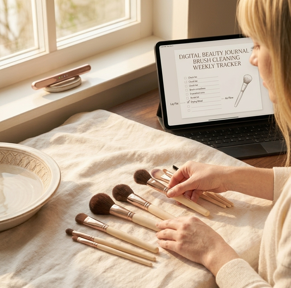 A row of clean makeup brushes laid flat on a soft cream linen towel near an open window, the morning light catching the damp bristles and making them glow softly — an iPad with a digital beauty tracker resting on the windowsill nearby, the whole scene radiating the quiet satisfaction of a ritual done right