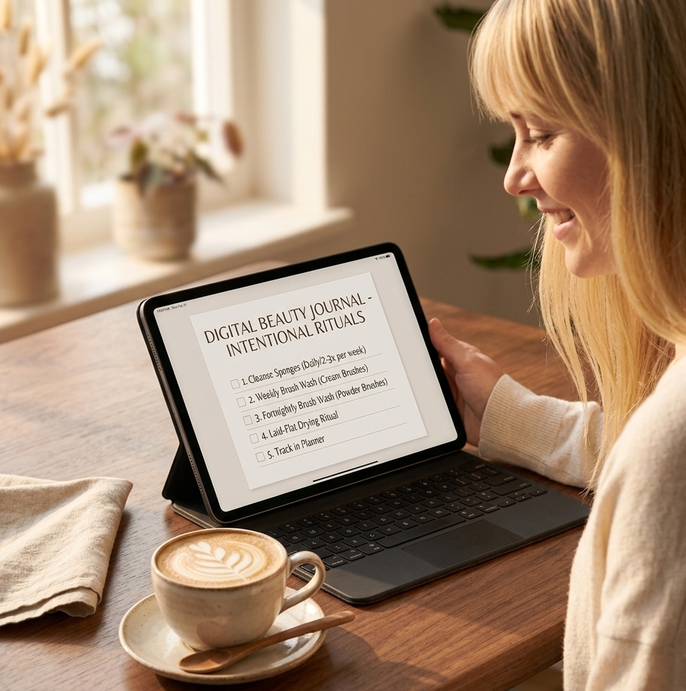 A woman sitting at a sunlit café table, her digital beauty planner open on her iPad beside a flat white coffee — her hand is gently resting on the screen as she reviews her weekly beauty rituals, the warm morning light making the whole scene feel calm, intentional, and effortlessly put together