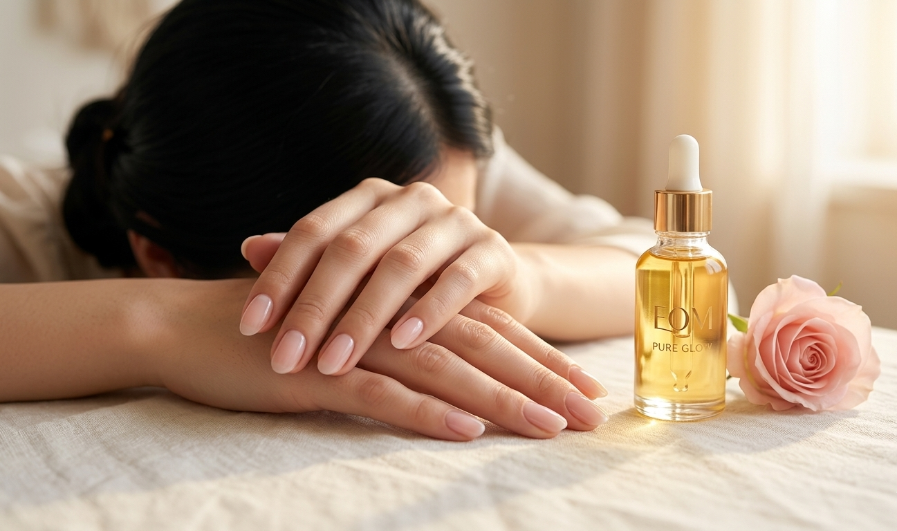 A woman's beautifully groomed hands resting on a soft cream linen surface, fingernails in a natural oval shape with a barely-there sheer blush polish, a single dropper bottle of golden cuticle oil and a pale pink flower beside them — the light is warm, diffused, and luminous, evoking the quiet pleasure of caring for yourself with intention and grace