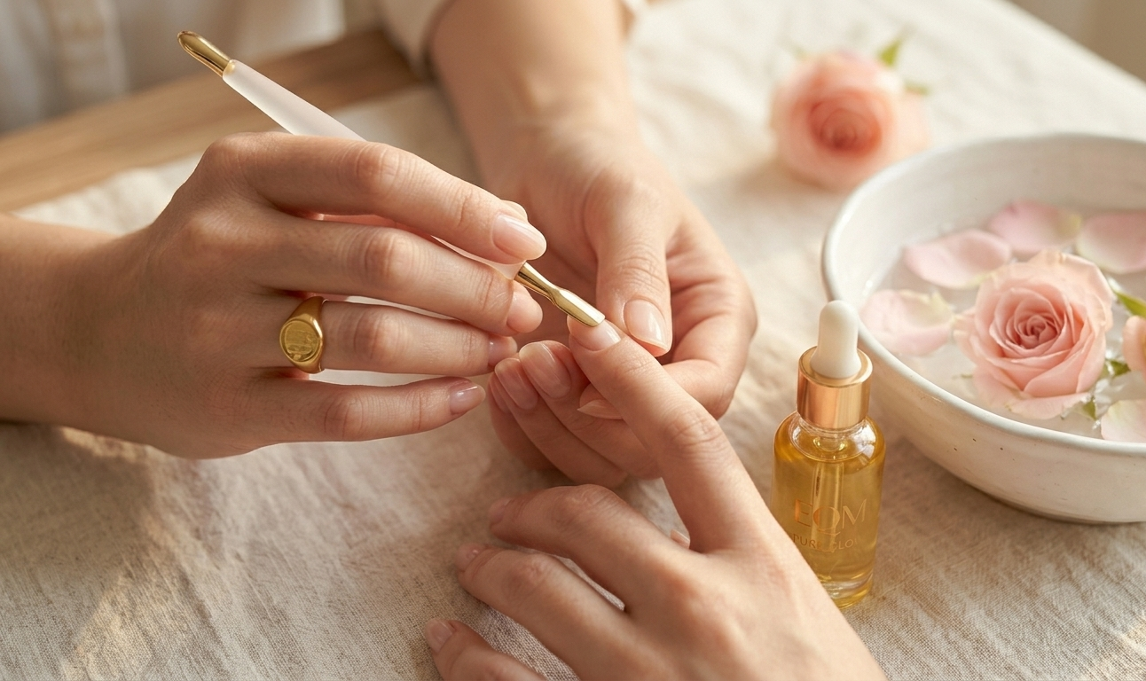 A woman gently pushing back her softened cuticles with a silicone pusher after soaking her fingertips in a small bowl of warm water with rose petals — the scene is serene and spa-like, hands resting on a white marble surface, soft natural light surrounding everything