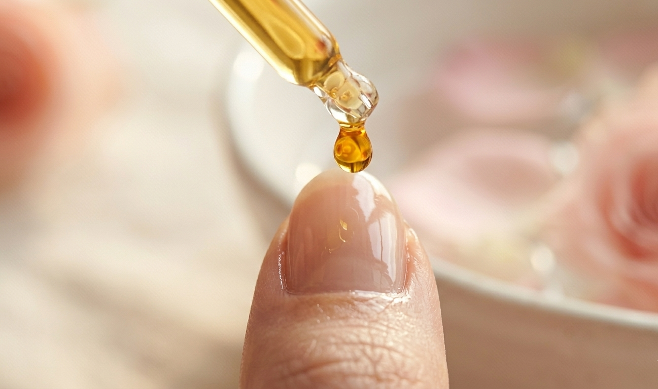 A dropper bottle of golden jojoba cuticle oil being pressed gently onto a woman's cuticle, her nail a clean natural oval, light gleaming off the surface of the nail — the composition is minimal, close-cropped, and deeply luxurious, like an editorial beauty still life