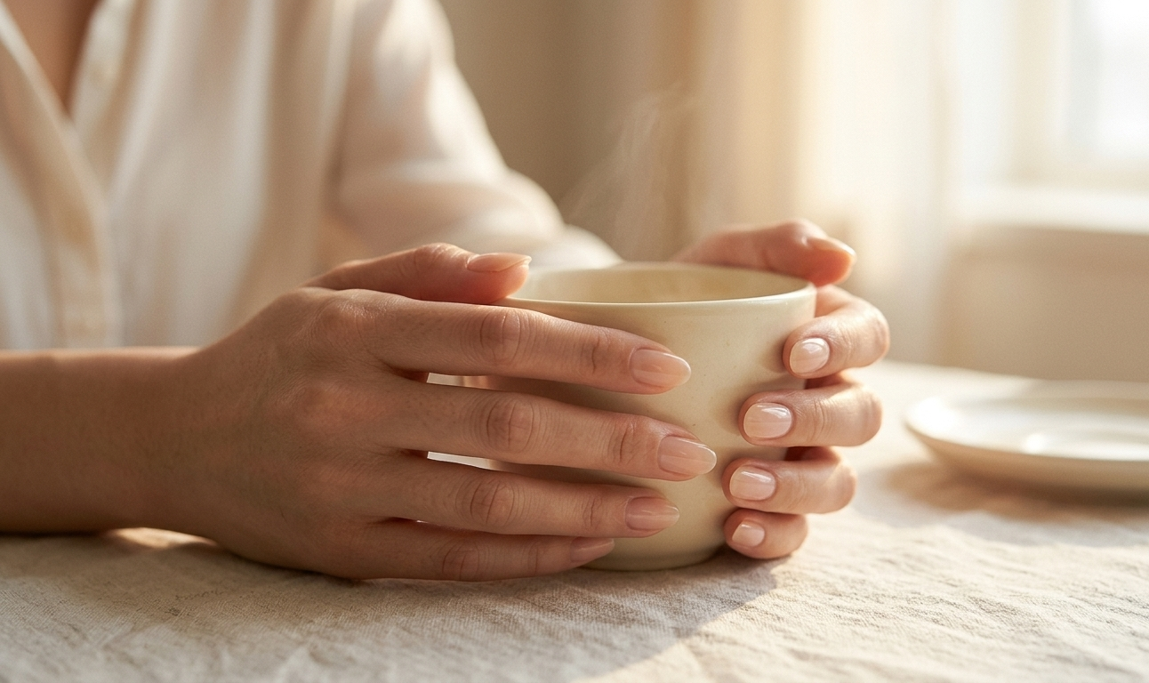 A woman holding a cup of warm tea, her hands relaxed and visible — nails in a sheer nude polish, skin soft and glowing, the light catching the gentle sheen of the nails and the smoothness of her hands — the image feels calm, elevated, and completely at ease, like the visual definition of quiet luxury