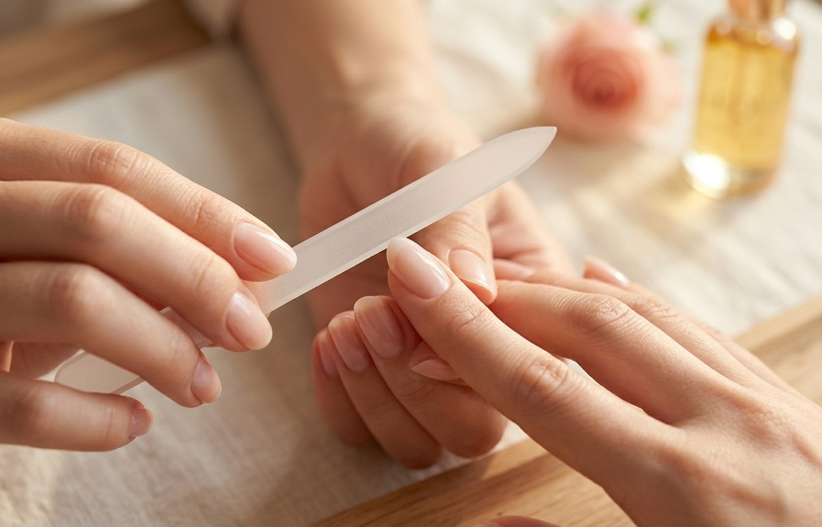 A close-up of a woman gently filing her nails in one smooth direction with a soft crystal file — the nails are a natural, clean oval shape, the light is cool and minimal, conveying precision, calm, and intentional care