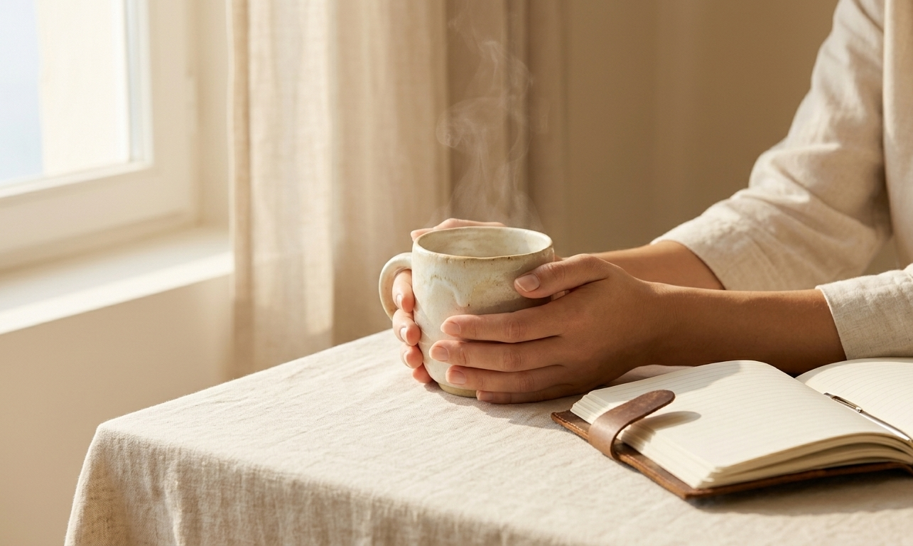 A close-up of a woman's hands cradling a warm ceramic cup of tea near a sunlit window, the light soft and unhurried, a single open notebook beside her on a linen surface — evoking the quiet, intentional act of pausing and listening to oneself.