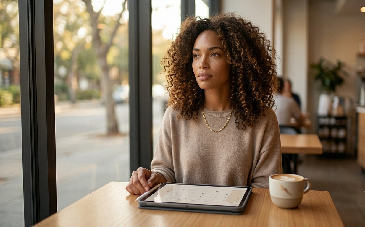 A woman at a quiet café table in the early morning, her digital planner open on her iPad with a cycle tracking layout visible on the screen, a latte beside her, her expression thoughtful and unhurried — the soft morning light making the entire scene feel like the beginning of something intentional