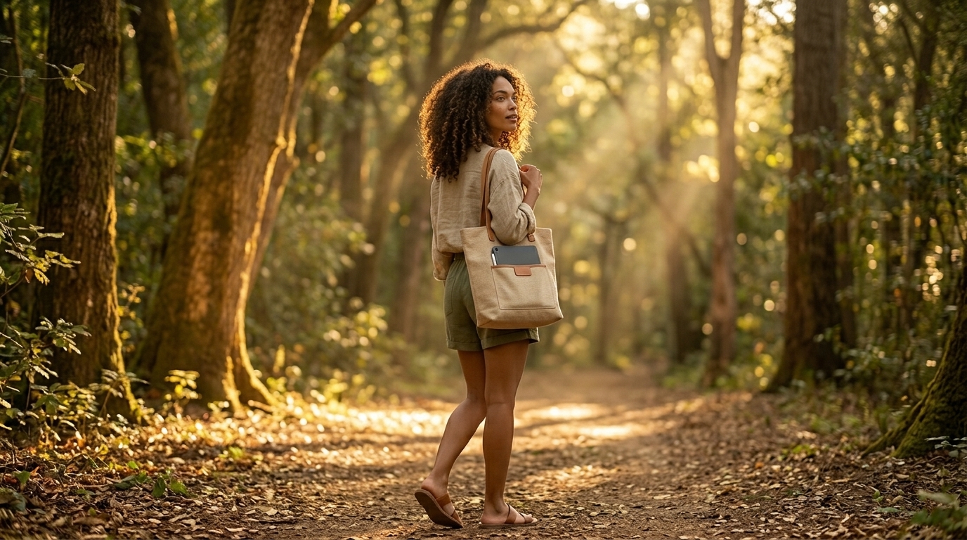 A woman walking alone on a sun-filtered forest path, her posture open and unhurried, a small tote bag over one shoulder with the corner of an iPad peeking out — the light breaking through the trees in golden beams, the scene radiating the fresh, expansive energy of a woman moving in her own rhythm, completely at ease within herself