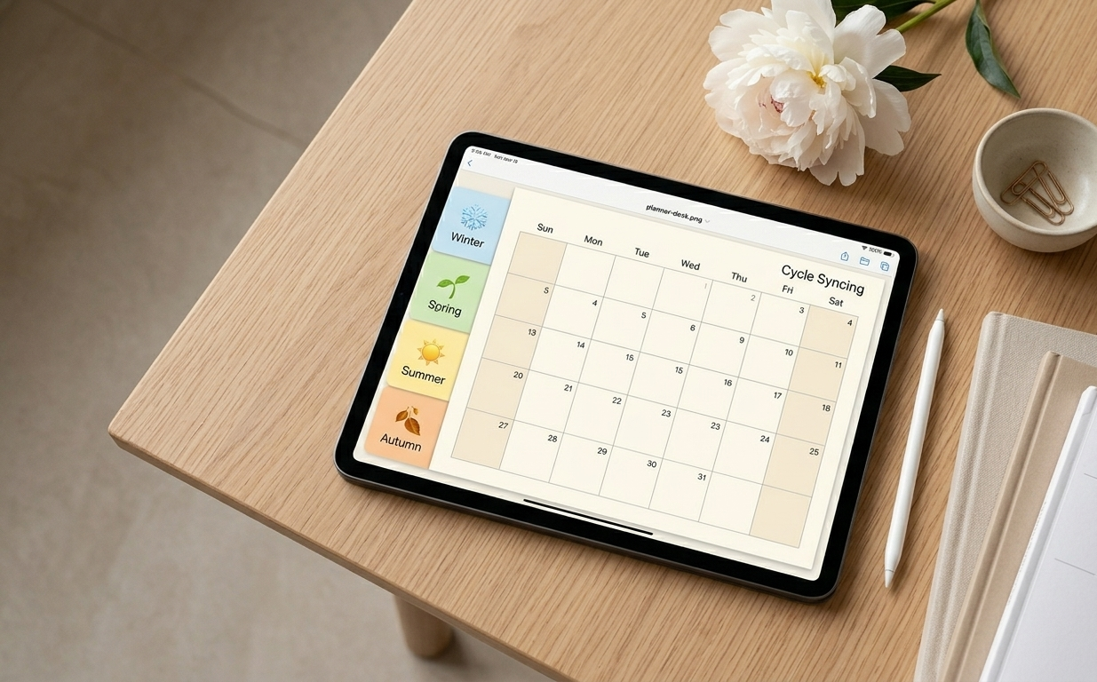 A flat lay of an iPad on a cream linen surface, showing a beautifully designed digital cycle-syncing planner with monthly phase tabs in sage green and gold, alongside a single white peony, a gold pen, and a small ceramic dish — the composition quiet, elegant, and purposeful