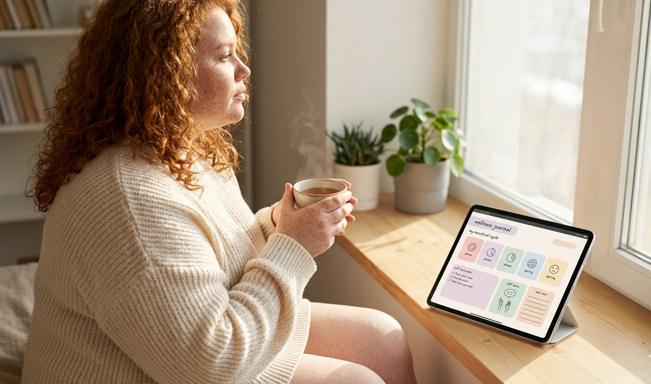 A woman sitting at a sunlit window seat, wrapped in a soft cream knit, holding a warm cup of tea — a beautifully illustrated digital wellness journal open on her iPad beside her, tracking her cycle phases with intention and quiet self-knowing