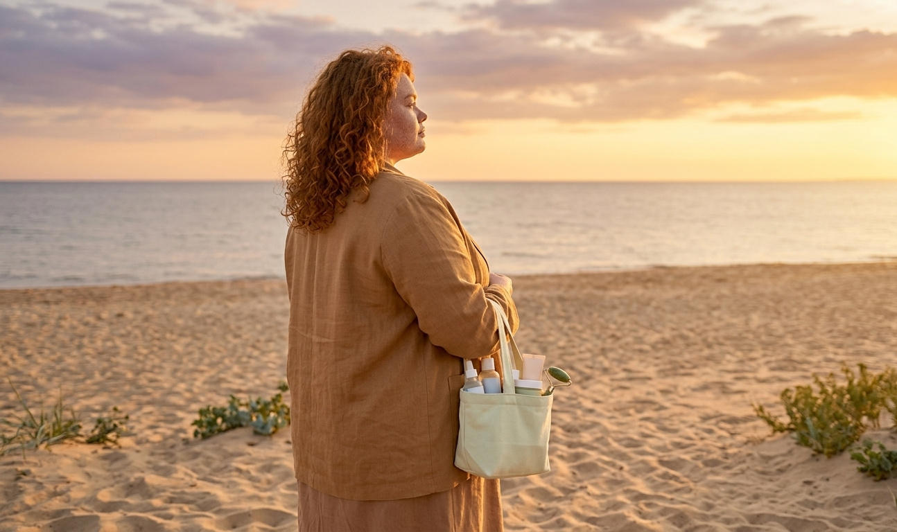 A woman on a golden autumn beach at dusk, wrapped in a camel-coloured linen jacket, looking out at the water — a small tote bag beside her with a jade roller and skincare essentials peeking out, her expression calm and self-assured