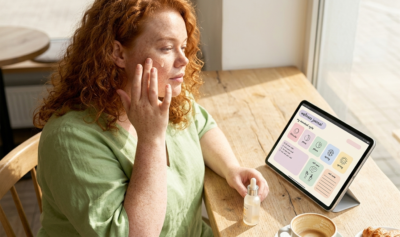 A woman sitting at a bright café table, morning coffee beside her, lightly massaging a vitamin C serum into her cheek — a small open digital planner on her iPad visible in the background, glowing with soft pastel spring colors
