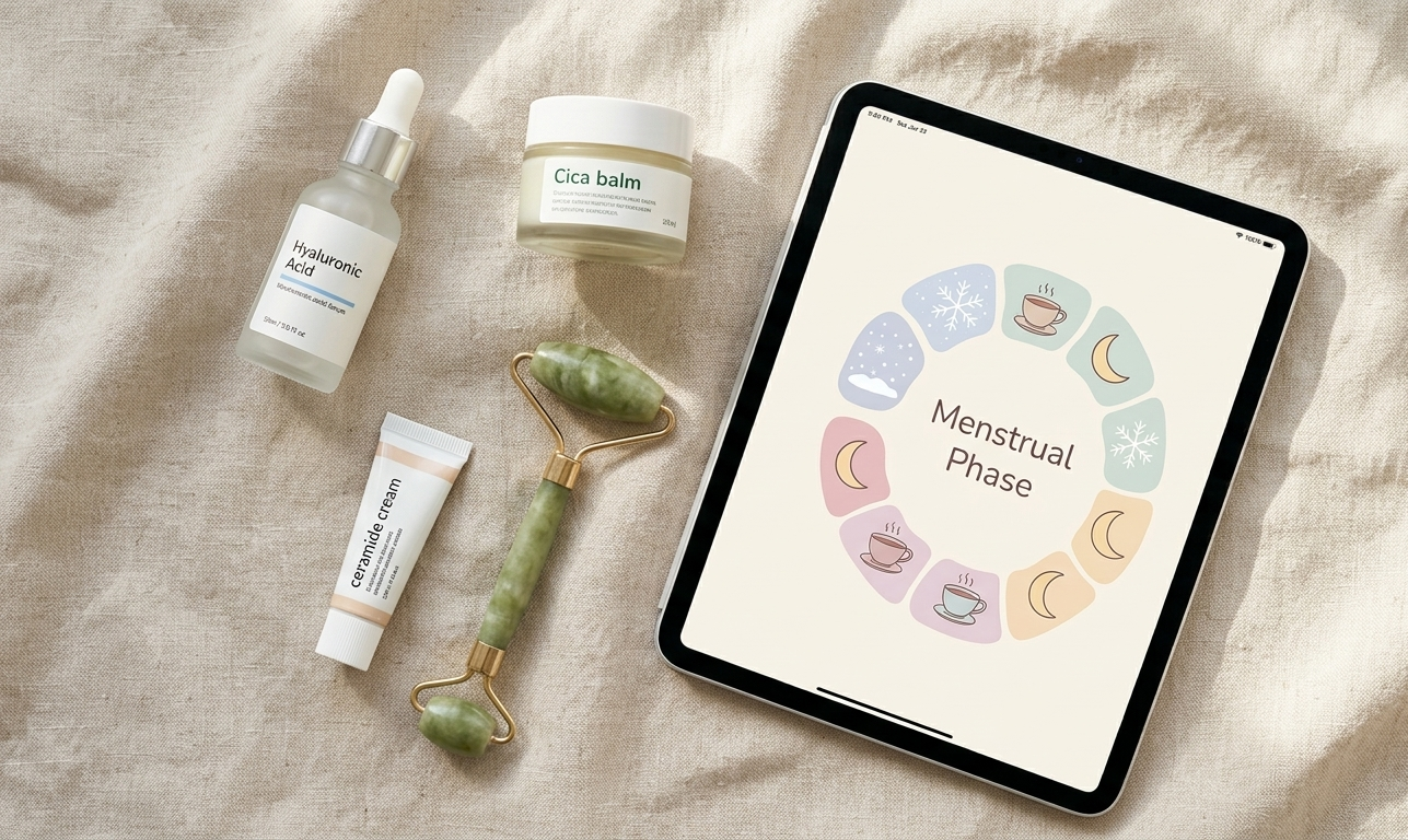 A flat lay of winter skincare essentials on a soft linen cloth — a glass bottle of hyaluronic acid serum, a ceramide cream, a Cica balm, and a jade roller — beside a corner of an open digital journal on an iPad showing a hand-illustrated cycle tracker