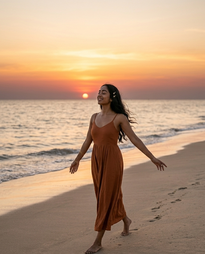 A woman walking barefoot along the water's edge at a quiet beach at sunset, her arms slightly open at her sides as if releasing something to the sea — no phone, no journal, just her and the golden horizon, radiating the profound lightness of someone who has finally let go