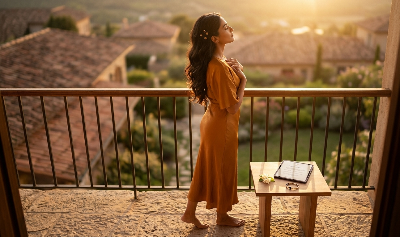 A woman standing barefoot on a sun-drenched balcony at golden hour, her eyes softly closed and one hand resting over her heart, a beautiful open manifestation journal glowing on the table beside her — the warm light wrapping around her like an embrace, radiating the quiet, magnetic energy of a woman who has fallen deeply and completely in love with herself