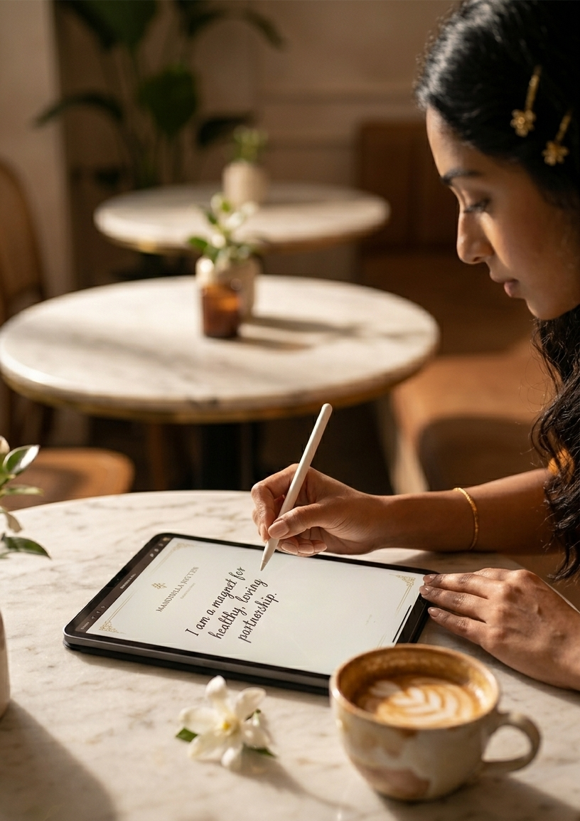 A close-up of an elegant hand writing affirmations into a beautiful open digital journal on an iPad, the screen glowing warmly against a marble café table — soft morning light, a half-drunk cappuccino beside a single white flower, the image radiating the quiet intimacy of a woman writing her own love story