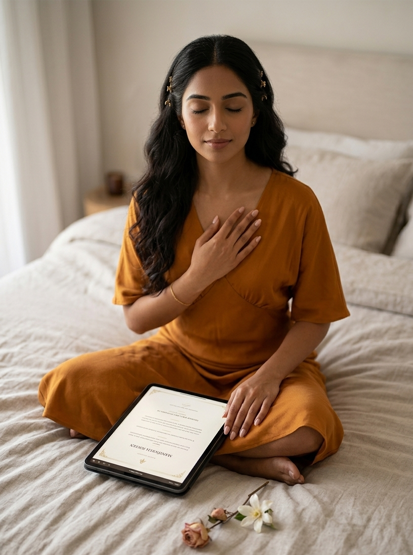 A woman sitting cross-legged on a cream linen bed in soft morning light, her digital manifestation journal open on her iPad in her lap, a small cup of matcha on the nightstand beside a single dried rose — the whole scene radiating the sacred stillness of a morning practice that begins from the inside out