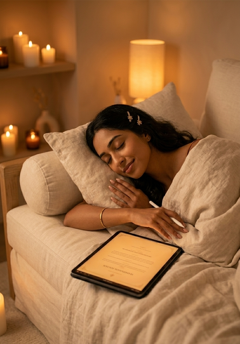 A woman lying back on a cream daybed in a softly lit room, eyes closed and a gentle smile on her lips, an open digital manifestation planner resting on the cushion beside her — the candles on the shelf behind her casting a warm amber glow, the scene radiating the deep contentment of someone who is actively living inside their vision