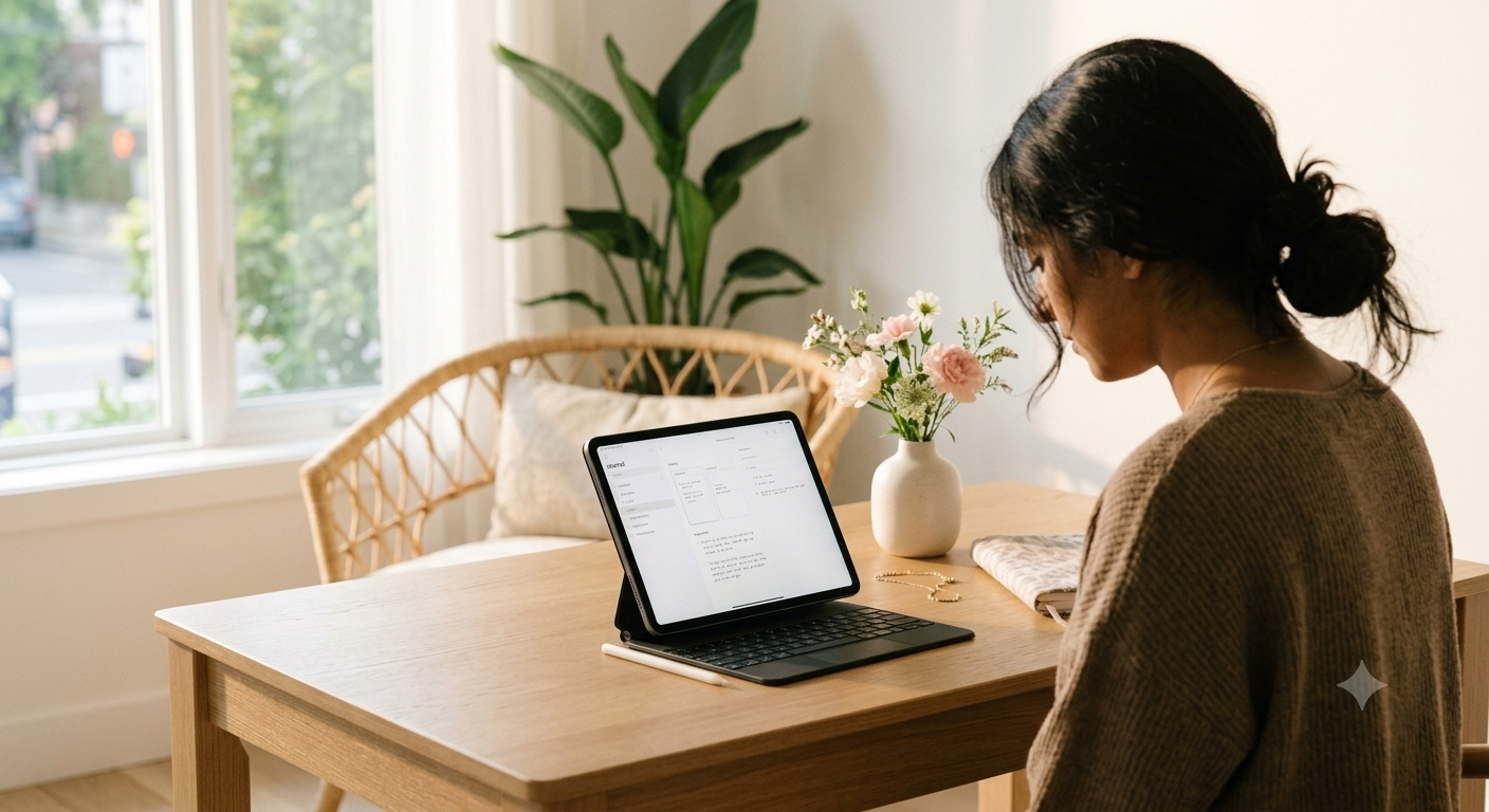 A woman sitting serenely at a minimal desk, an open digital wellness journal on her iPad beside a small vase of soft white flowers, soft morning light filling the space — radiating quiet inner peace and intentional calm