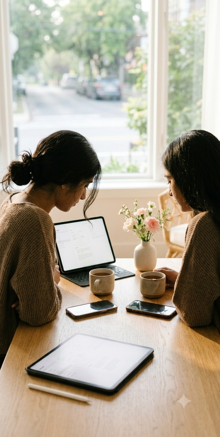 Two women having an unhurried conversation over tea at a softly lit table, phones set aside — an open digital wellness journal resting nearby, the moment radiating genuine warmth and presence