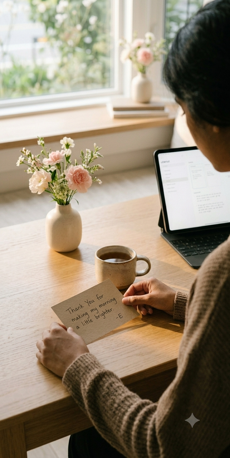 A woman placing a small handwritten note beside a warm cup of tea prepared for someone else — a minimal, sunlit kitchen scene radiating quiet kindness and genuine care